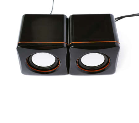 Pair of black glossy sound speakers isolated over the white backgroundの写真素材