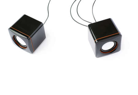 Pair of black glossy sound speakers isolated over the white backgroundの写真素材