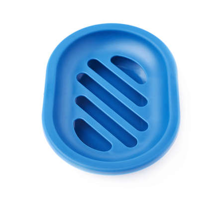 Empty blue plastic soap-dish isolated over white backgroundの写真素材
