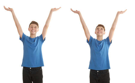 Set of cute teenager boy in blue T-shirt stretching hands up over white isolated background, half bodyの写真素材