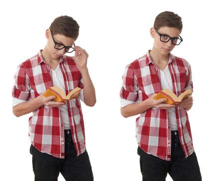 Set of cute teenager boy in red checkered shirt, glasses and a book over white isolated background, half body, reading conceptの写真素材