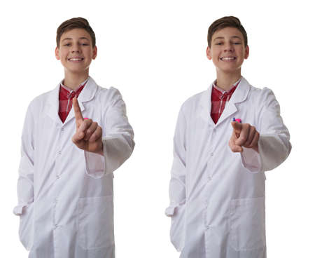 Set of cute teenager boy wearing white lab medic coat pushing button over white isolated background as science, medicine, healthcare conceptの写真素材