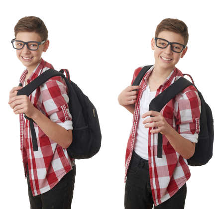 Set of cute teenager boy in red checkered shirt and glasses with school bag over white isolated background, half body, as school, education conceptの写真素材