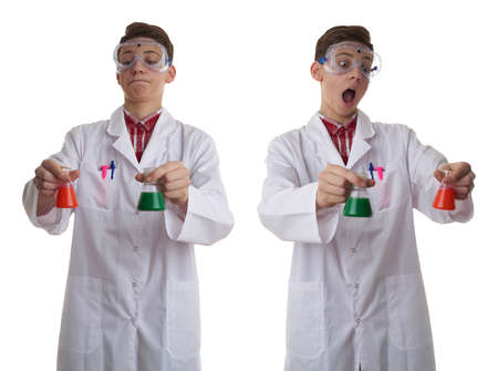 Set of cute teenager boy wearing white lab medic coat and protecting glasses with flask over white isolated background as science, experiment, healthcare conceptの写真素材