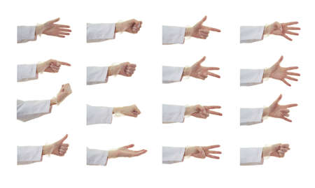 Set of doctor female hand in rubber glove gestures over white isolated backgroundの写真素材