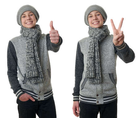 Set of cute teenager boy in gray sweater, hat and scarf showing thumb up sign over white isolated background, half bodyの写真素材