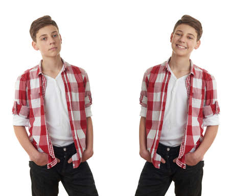 Set of cute teenager boy in red checkered shirt over white isolated background, half bodyの写真素材