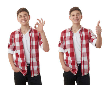 Set of cute teenager boy in red checkered shirt showing OK sign over white isolated background, half bodyの写真素材