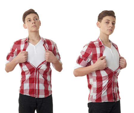 Set of cute teenager boy acting like a super hero and tearing his red checkered shirt off over white isolated background, half bodyの写真素材