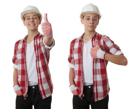 Set of cute teenager boy in red checkered shirt and building helmet showing thumb up sign over white isolated background, half body, constructing conceptの写真素材