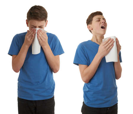 Set of cute teenager boy in blue T-shirt with handkerchief over white isolated background, half body, sickness conceptの写真素材