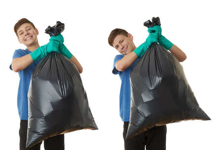 Set of cute teenager boy in blue T-shirt and green rubber gloves with garbage bag over white isolated background, half body, cleaning conceptの写真素材
