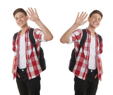 Set of cute teenager boy in red checkered shirt with school bag, waving hand over white isolated background, half body, as school, education conceptの写真素材