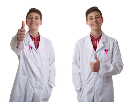 Set of cute teenager boy wearing white lab medic coat gesturing thumb up over white isolated background as science, medicine, healthcare conceptの写真素材