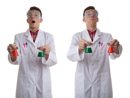 Set of cute teenager boy wearing white lab medic coat and protecting glasses with flask over white isolated background as science, experiment, healthcare conceptの写真素材