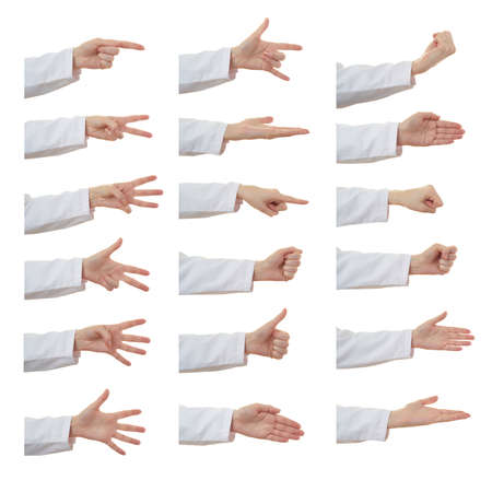 Set of doctor female hand gestures over white isolated backgroundの写真素材
