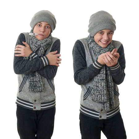 Set of cute teenager boy in gray sweater, hat and scarf with thermometer in mouth and crossed arms over white isolated background, half bodyの写真素材