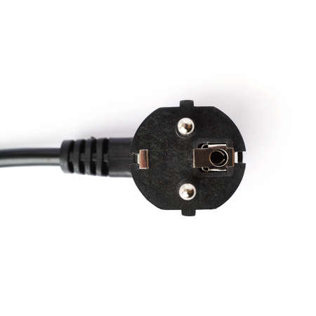 Black electric computer power supply cable isolated over white backgroundの写真素材