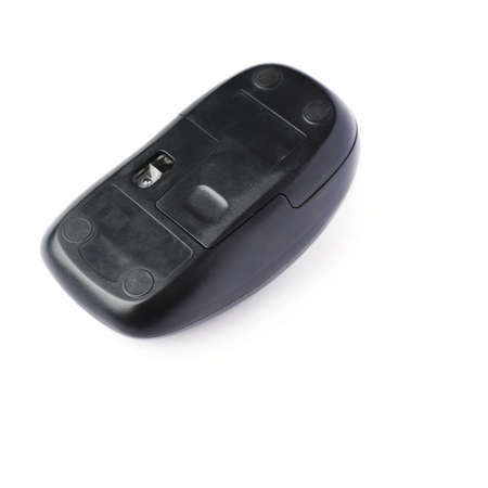 Wireless computer black mouse isolated over white backgroundの写真素材