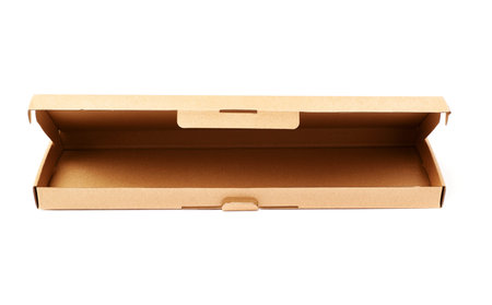 Opened long narrow cardboard box isolated over white background