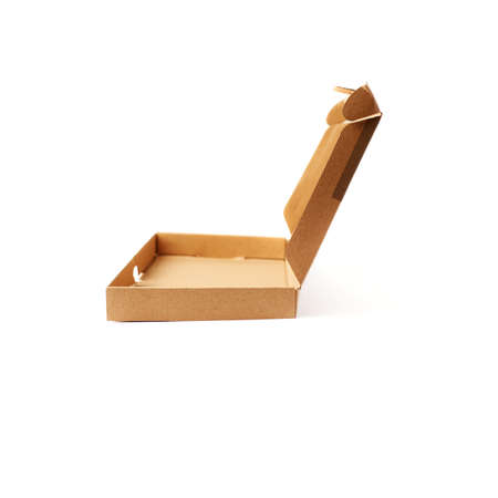 Opened long narrow cardboard box isolated over white backgroundの写真素材