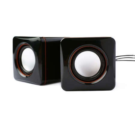 Pair of black glossy sound speakers isolated over the white backgroundの写真素材