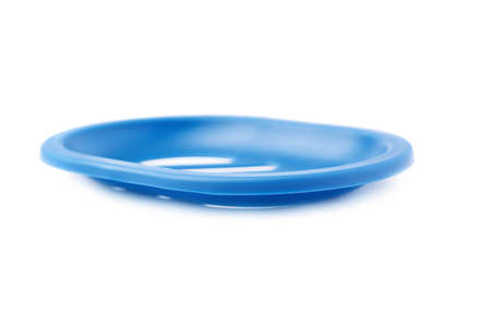 Empty blue plastic soap-dish isolated over white backgroundの写真素材