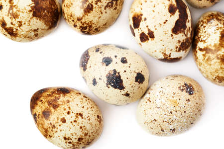 Heap of quail eggs isolated over white backgroundの写真素材