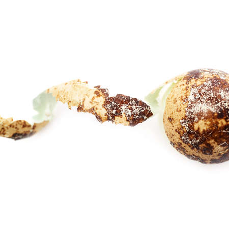 Single peeled quail egg isolated over white backgroundの写真素材