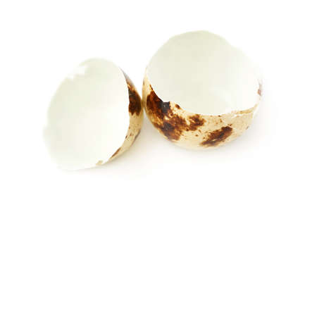 Quail egg shell cracked and broken in halves isolated over white backgroundの写真素材