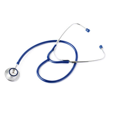 Close up view of blue stethoscope over isolated white backgroundの写真素材