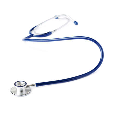 Close up view of blue stethoscope over isolated white backgroundの写真素材