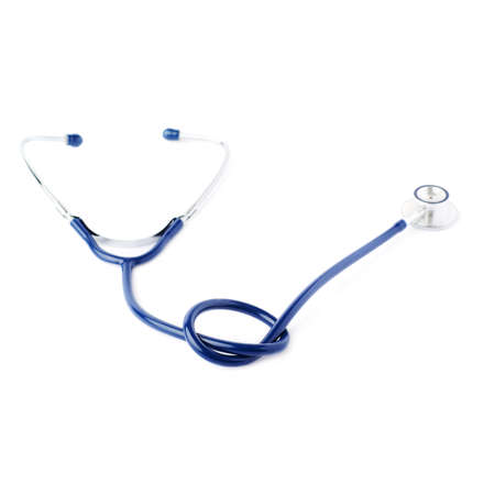 Close up view of blue stethoscope over isolated white backgroundの写真素材