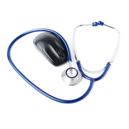 Close up view of blue stethoscope over isolated white backgroundの写真素材