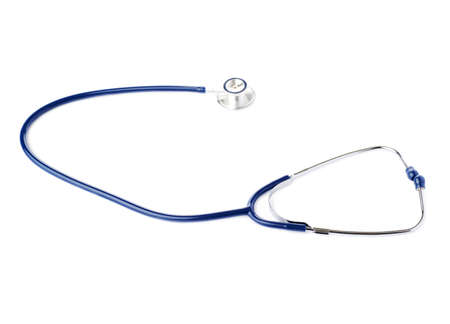 Close up view of blue stethoscope over isolated white backgroundの写真素材