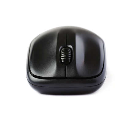Wireless computer black mouse isolated over white backgroundの写真素材
