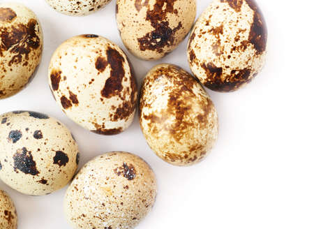 Heap of quail eggs isolated over white backgroundの写真素材