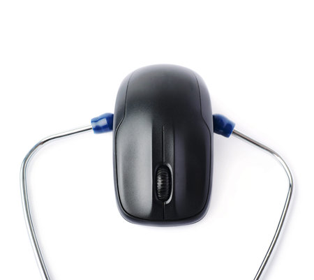 Close up view of blue stethoscope over isolated white backgroundの写真素材