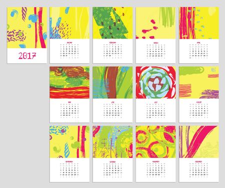 Calendar 2017 with hand drawn textures. Unique design for each month. Vector planner with geometric figures: stripes, triangles, circles, dots, flowers and leaves.のイラスト素材