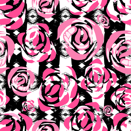 Vector tribal floral print Ethnic background with roses Tropical wallpaper with flowers and aztec stripes, Seamless pattern with floral design, Watercolor hawaiian texture.のイラスト素材