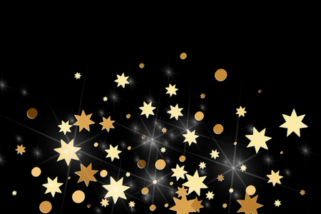 Gold confetti on a black background. Falling stars, glitter, dust and sparkles. Vector illustration. Golden explosion of confetti. Christmas backdrop. Shiny abstract glowing design. New Year cover.のイラスト素材