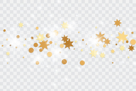 Vector golden isolated confetti on transparent backdrop. Falling stars, tinsels and confetti background. Minimalistic geometrical dots and ribbons. Flat glitter. Celebration card pattern.のイラスト素材