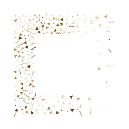 Glitter gold confetti. Isolated vector triangle particles and ribbons on white background. Christmas mockup card. Template for birthday invitation. Celebration party invitation. Flat design.のイラスト素材