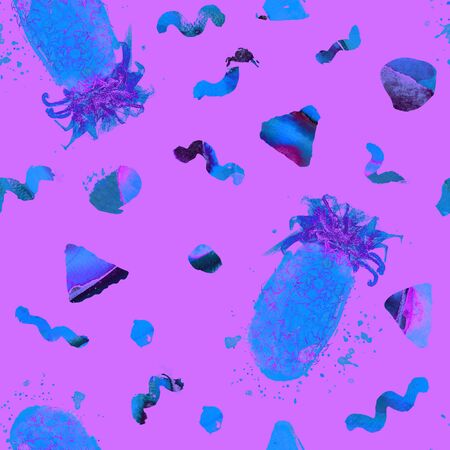 Pineapple pattern. Summer exotic print. Watercolor tropical aloha seamless pattern with pineapples and splashes. Swimwear exotic jungle print. Botanical illustration with sweet healthy food. の写真素材