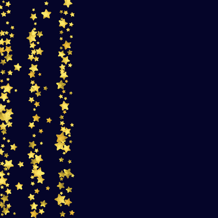 Star confetti isolated on black background. Falling magic particles. Celebration card template with watercolor flying gold elements. Christmas party invitation mock up. Starry explosion backdrop.のイラスト素材