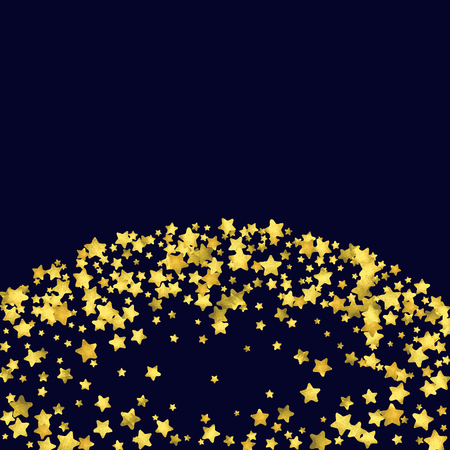 Star confetti isolated on black background. Falling magic particles. Celebration card template with watercolor flying gold elements. Christmas party invitation mock up. Starry explosion backdrop.のイラスト素材