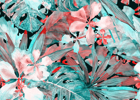 Tropical pattern. Watercolor thailand palm, monstera, hibiscus, banana tree.の写真素材