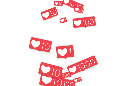 Social media counters. Like background. Social network icons. SMM, digital marketing, advertising, app, seo, web background with falling like counters isolated on white backdrop. Web addiction.のイラスト素材