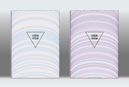 Minimal placard. Vector geometric cover. Hipster trendy report template. Set of futuristic line gradient graphic design flyers. Fashion minimal layouts. Striped placards. Retro banner design set.のイラスト素材