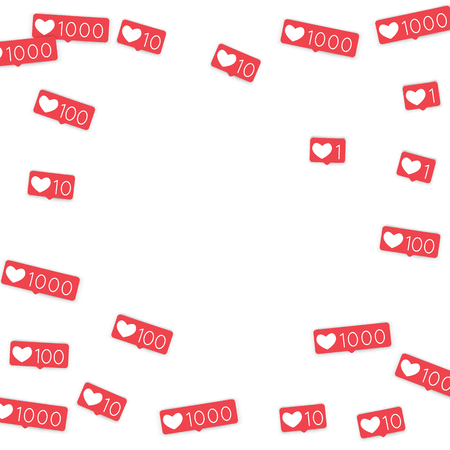 Social media counters. Like background. Social network icons. SMM, digital marketing, advertising, app, seo, web background with falling like counters isolated on white backdrop. Web addiction.のイラスト素材